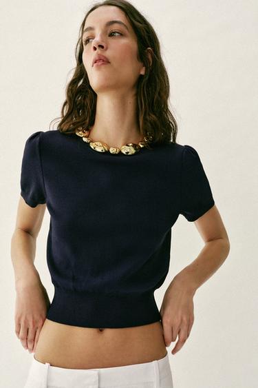 TOP PUNTO BOLAS CUELLO - Azul de Zara