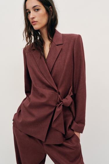DOUBLE-BREASTED LINEN BLEND TIE BLAZER SET - Rust by Zara