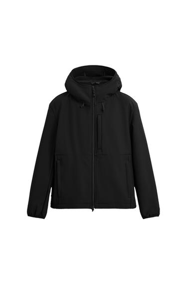 Front view of a black jacket with adjustable hood, zipper closure, side pockets, and vertical front zip pocket.