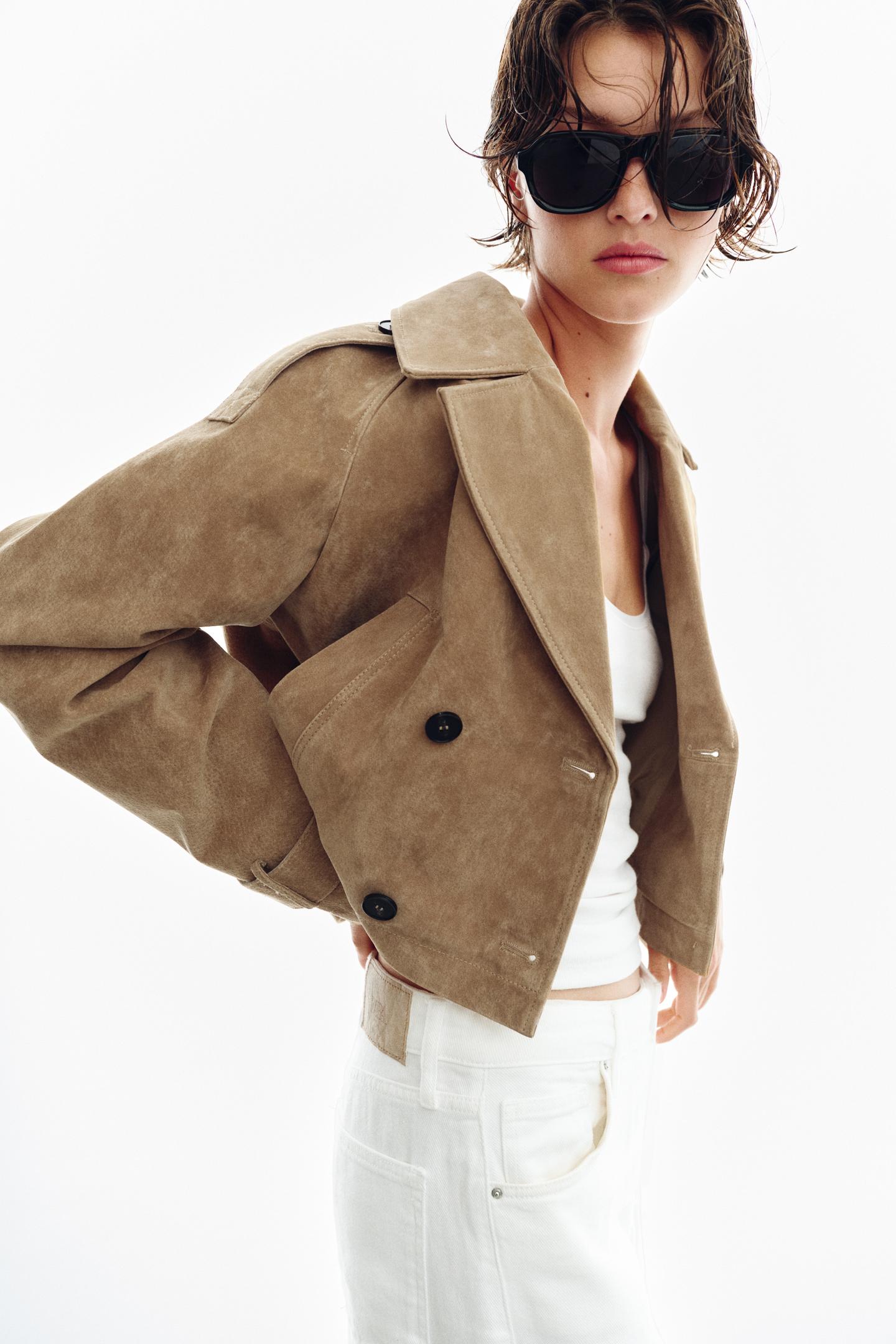 Женское пальто Zara 100% Leather Double-Breasted Short Trench, цвет: Светлый верблюжий — фото 7