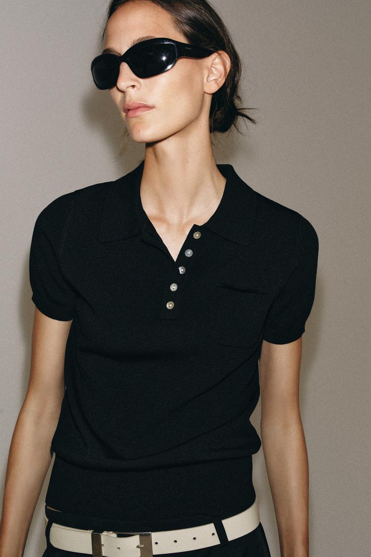 SHORT SLEEVE KNIT POLO SHIRT — Black