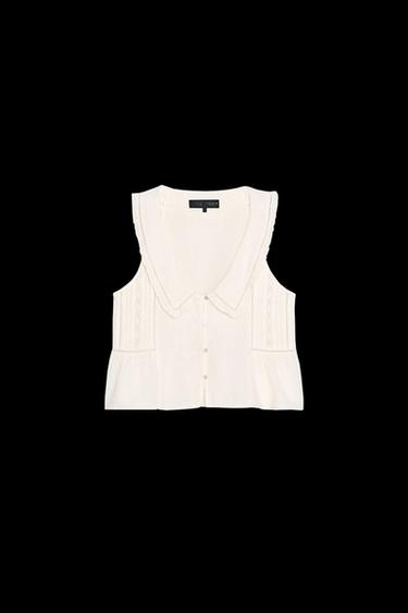 EMBROIDERED TOP WITH PETER PAN COLLAR - Oyster-white by Zara