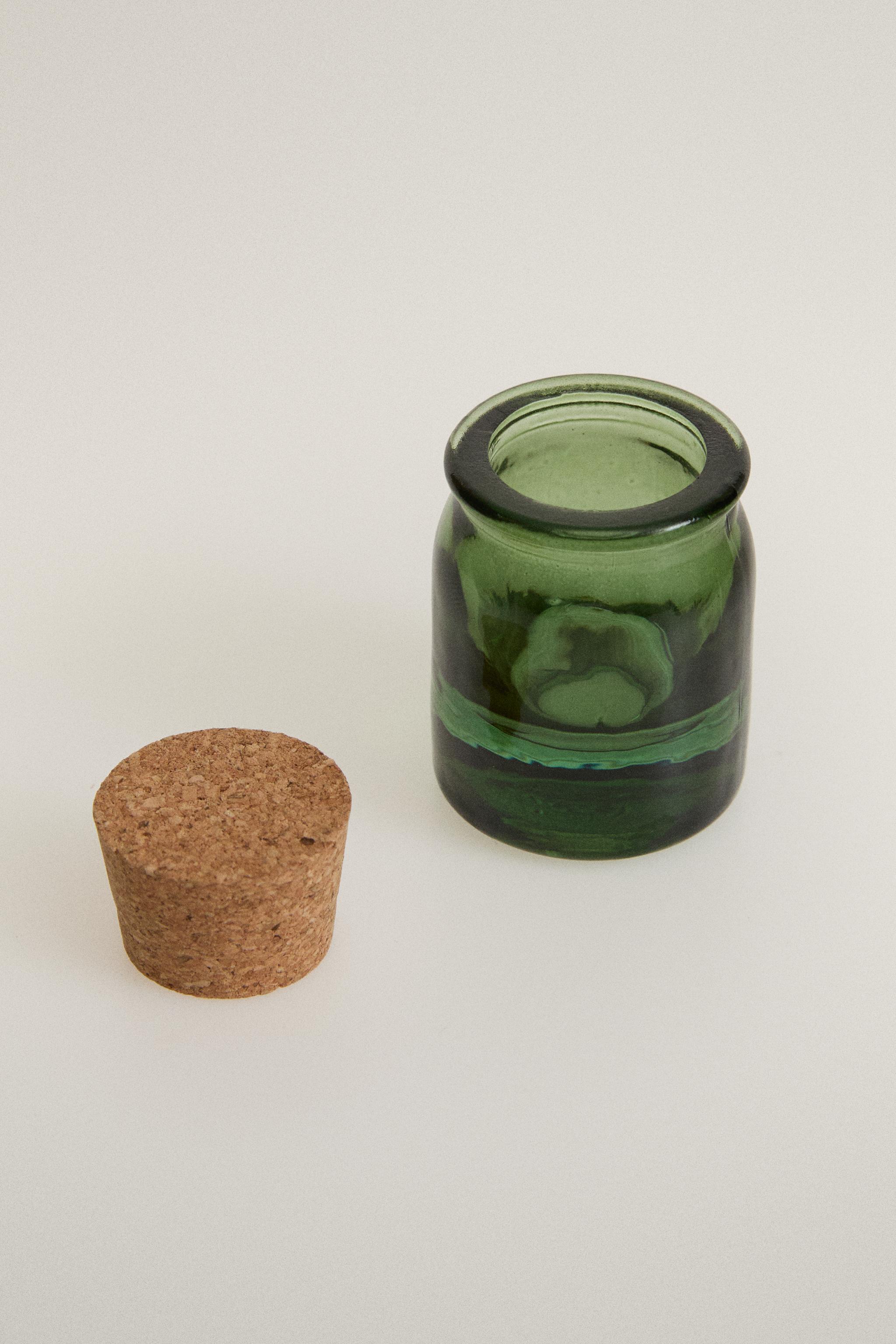 GLASS SALT SHAKER WITH CORK STOPPER — Green