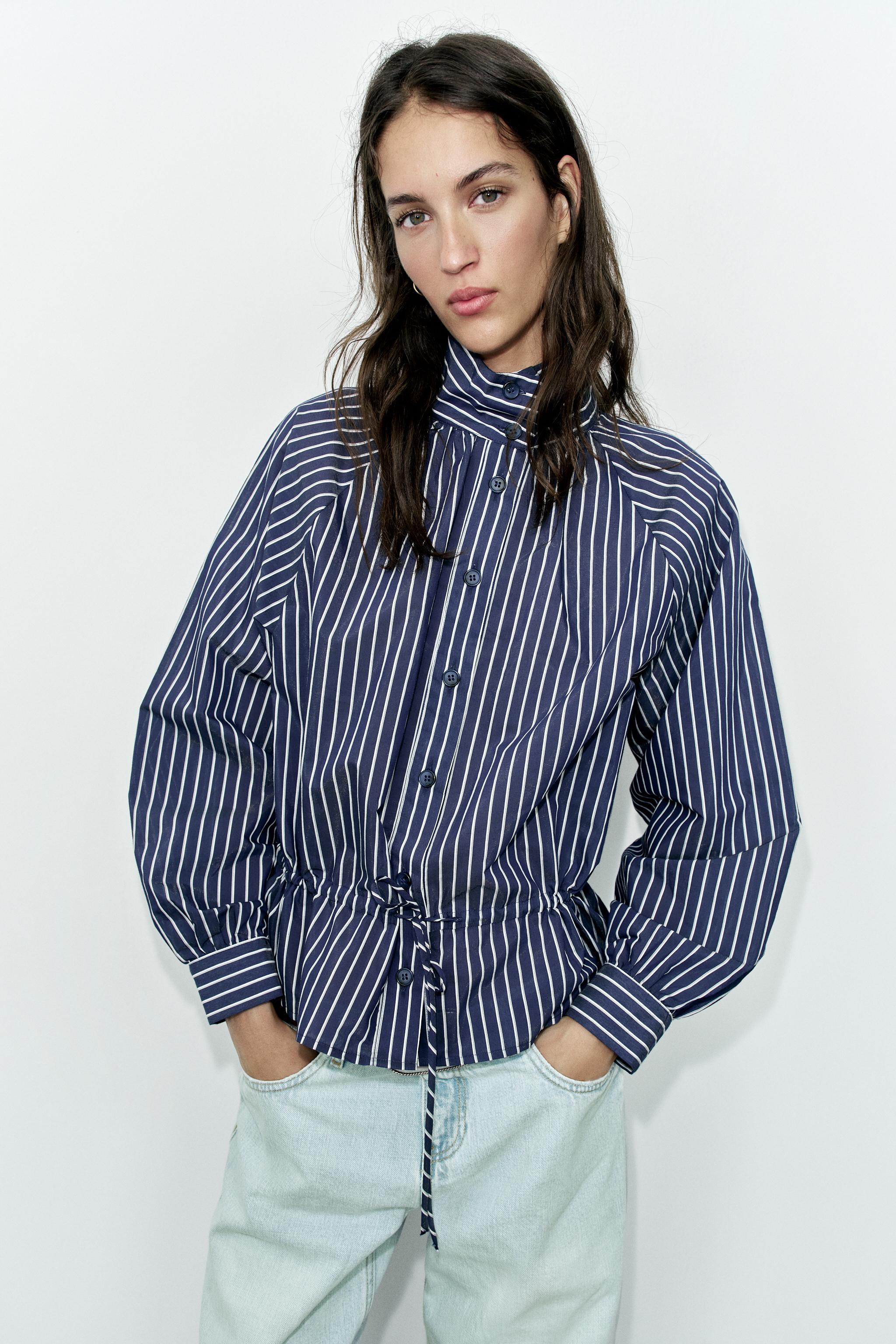 STRIPED HIGH NECK SHIRT — Navy / White