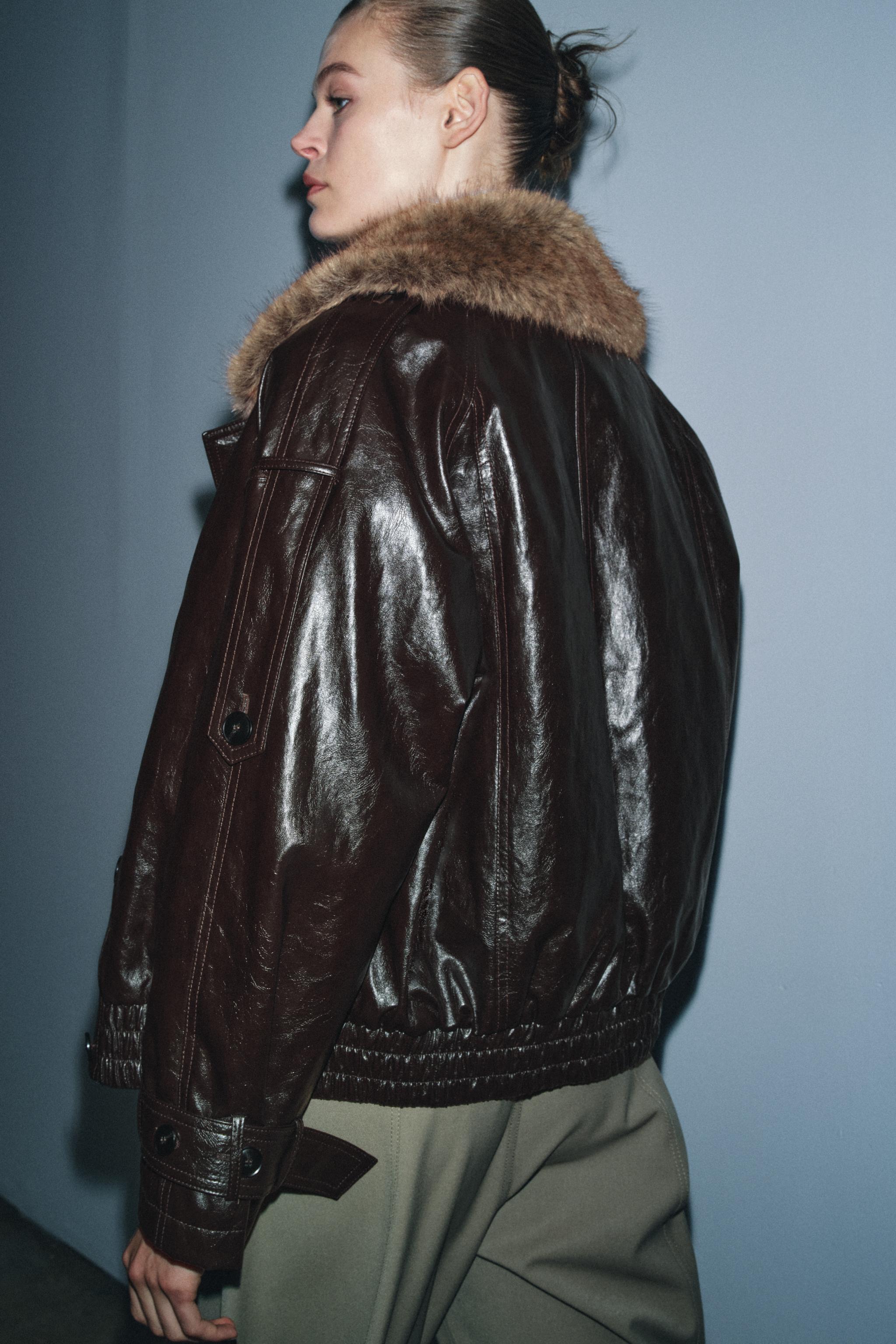 SHINY FAUX FUR COLLAR JACKET ZW COLLECTION - Brown | ZARA United