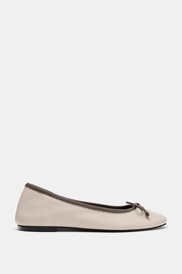 LEATHER BOW BALLET FLATS - Taupe Grey by Zara - Image 0