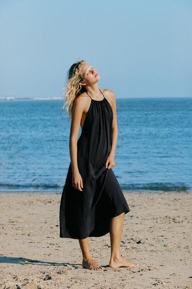 Zara FLOWY HALTER DRESS - Black