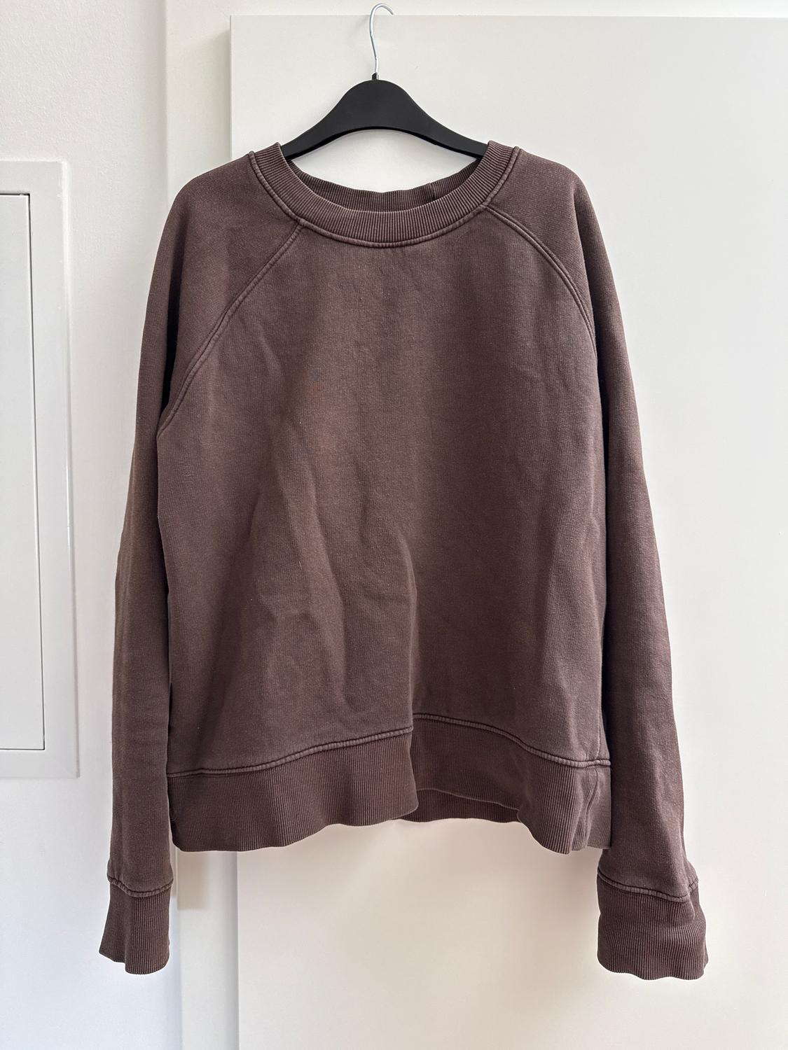 Brown sweatshirt hanging on a black hanger over a white door. Simple design with a round neck and long sleeves.