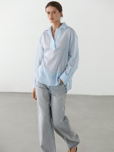 Zara Flowing 100% cotton shirt with collar detail - Sky blue