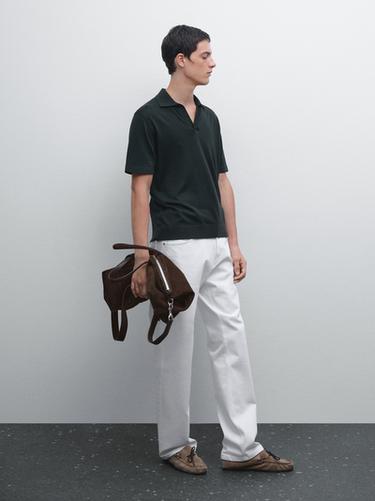 Zara Knit V-neck polo shirt - Navy blue - Image 0