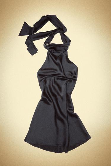 Zara SATIN EFFECT TIE MINI DRESS - Navy blue