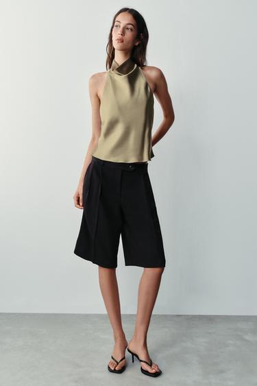 TOP HALTER SATINÉ - Kaki clair de Zara