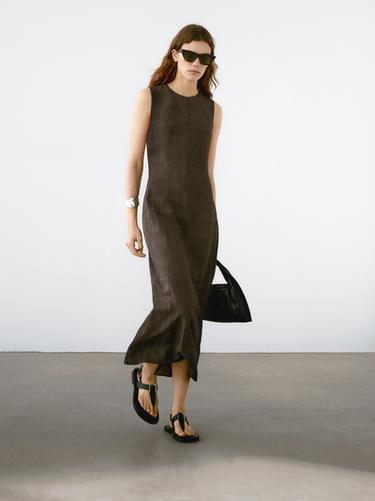 Zara Linen blend midi dress with seams - Chocolate - Image 0