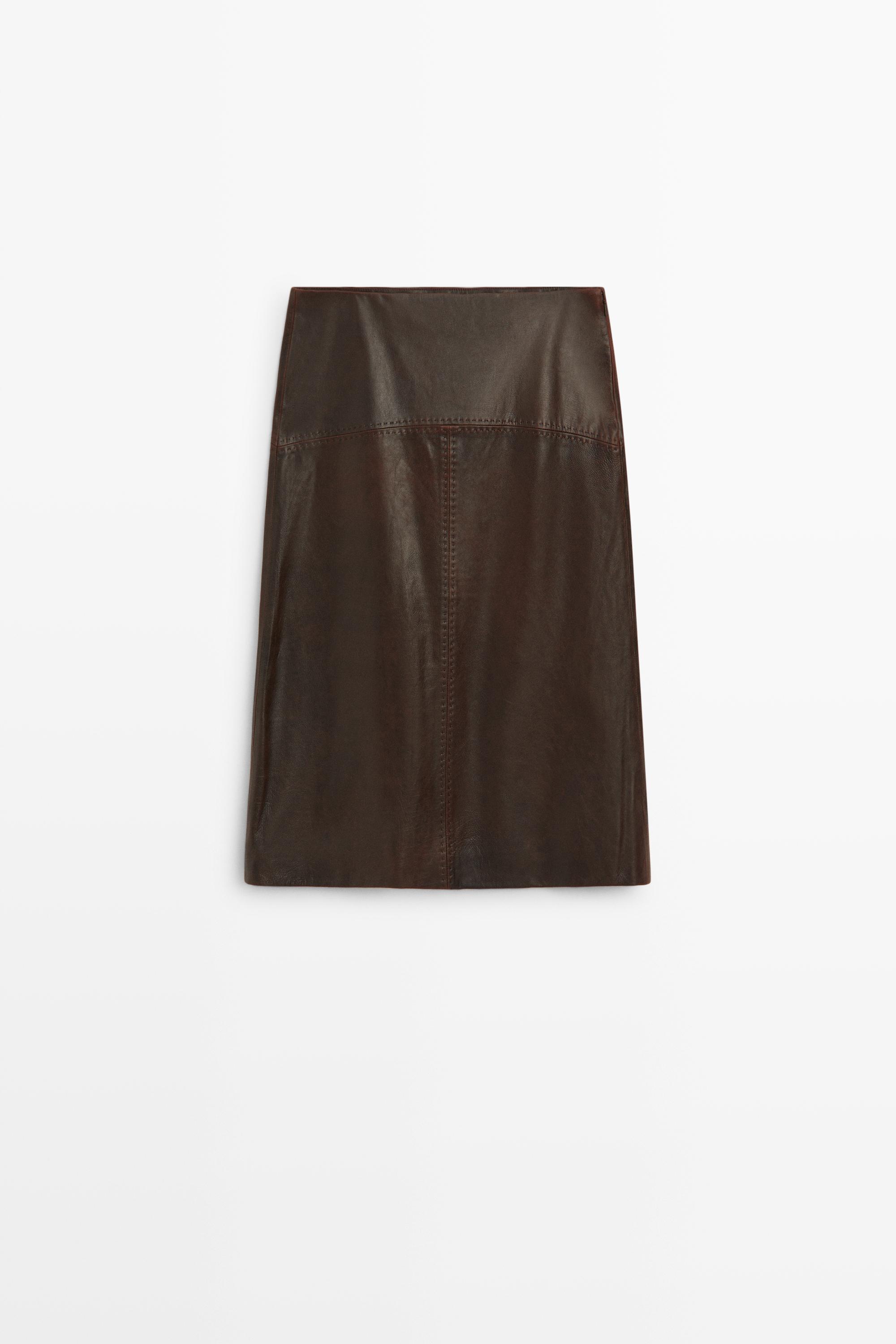 Straight nappa leather midi skirt with seam details