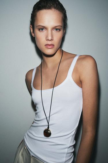 Zara RIBBED STRAP TOP - White