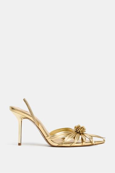 LAMINATED HIGH-HEEL SANDALS WITH FLOWER DETAIL - Gold by Zara - Image 0