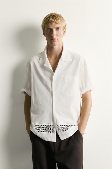 RELAXED FIT SHIRT WITH OPENWORK TRIM - Oyster-white by Zara