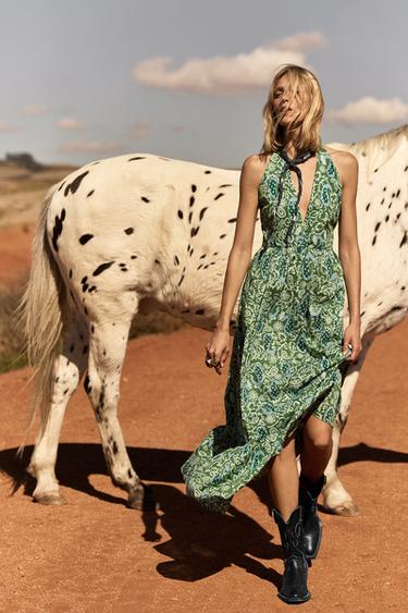 Zara PRINTED HALTER DRESS ZW COLLECTION - Green / Blue - Image 0