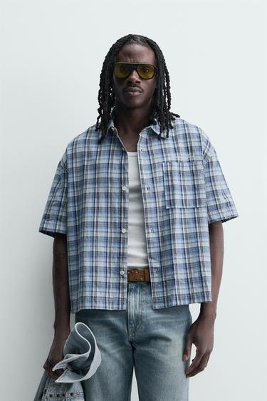 CAMISA BOXY FIT CUADROS - Azul de Zara