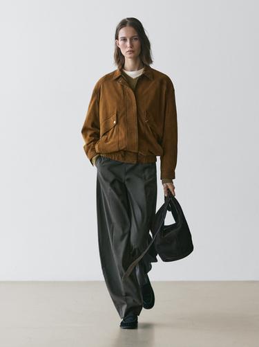 Zara Suede leather bomber jacket with pockets - Brown