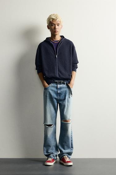 WAFFLE-KNIT STRUCTURED HOODIE - Ink blue by Zara - Image 0