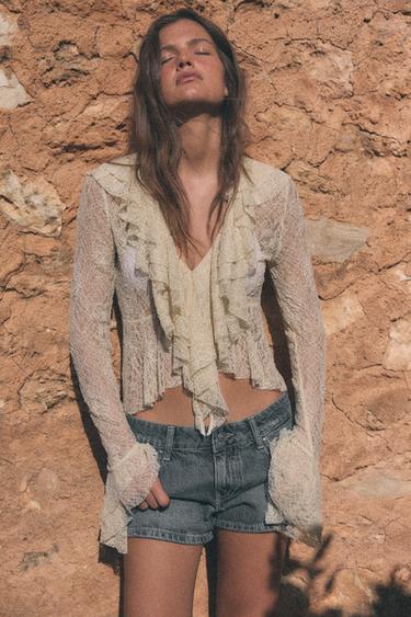 Zara SHINY RUFFLED LACE TOP - Ecru