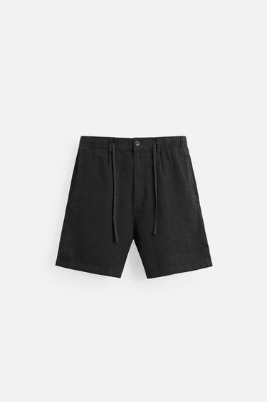 Zara COTTON - LINEN BERMUDA SHORTS - Black