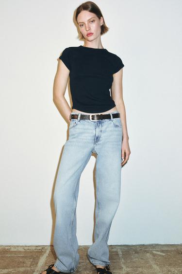 Zara RIBBED SHORT SLEEVE T-SHIRT - Navy blue