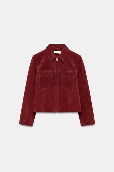 CAZADORA PIEL 100% BOLSILLOS - Rojo oscuro de Zara - Imagen 0