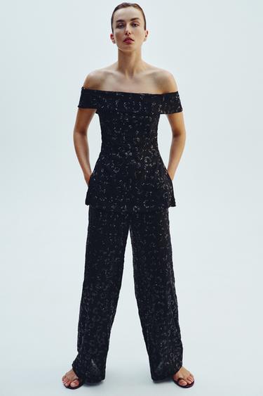 PANTALON VOLUME SEQUINS - Noir de Zara