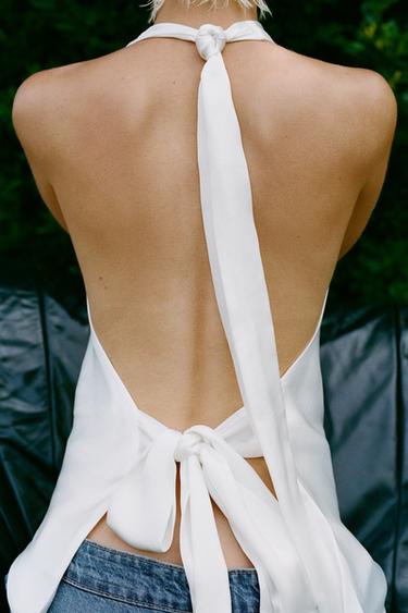 TOP SATINÉ HALTER - Blanc de Zara
