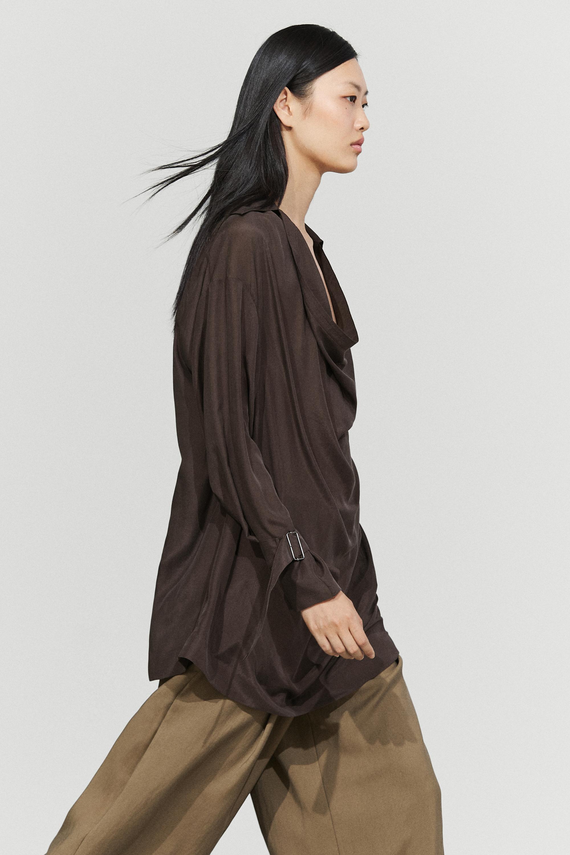 100% Silk Draped Neckline Flowy Shirt