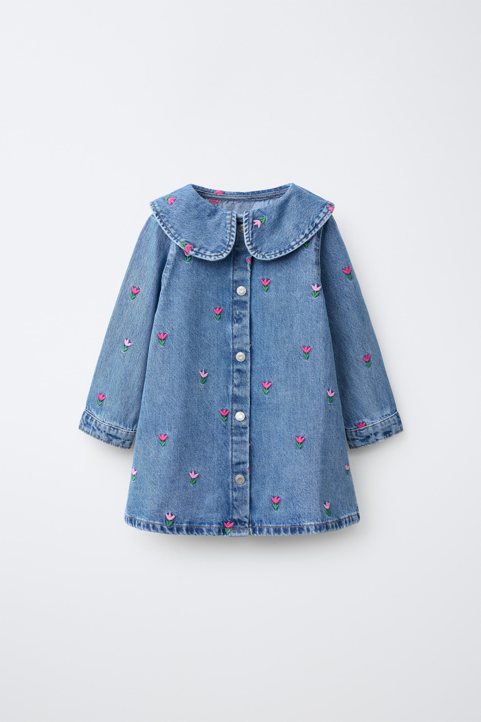 EMBROIDERED FLORAL DENIM DRESS — Blue