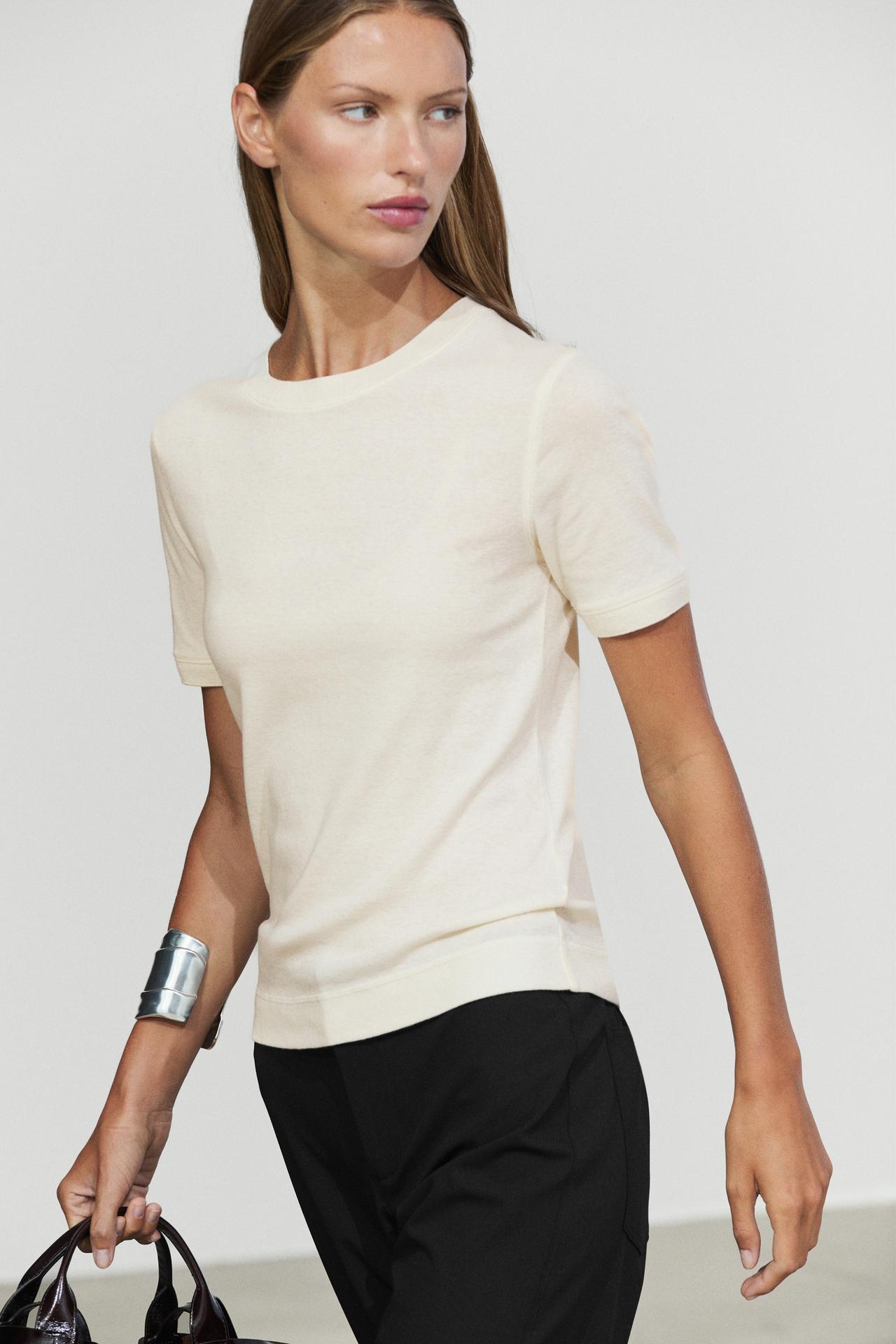 Short sleeve cotton blend T-shirt — Ecru