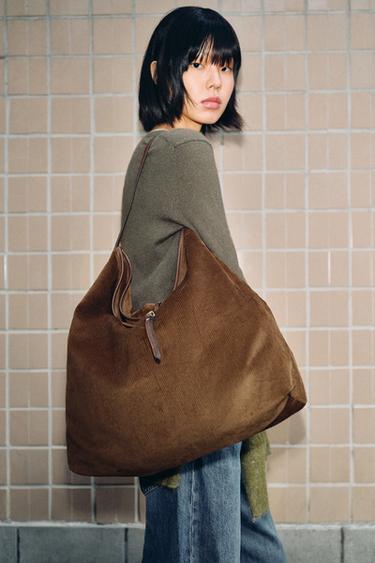 Zara 燈芯絨感托特包 - 棕色