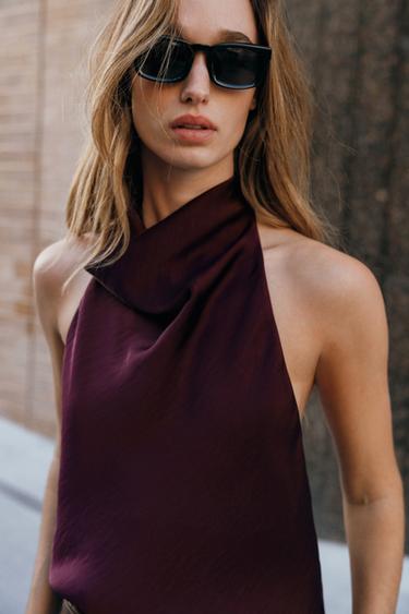 SATIN HALTER TOP - Burgundy by Zara