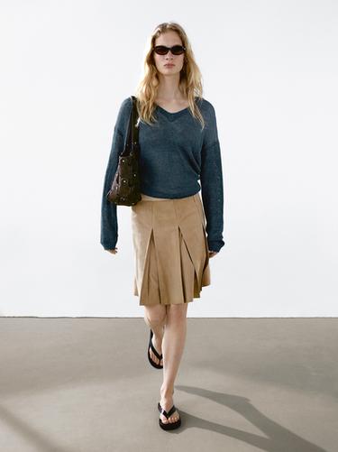 Zara Pleated suede leather skirt - Stone