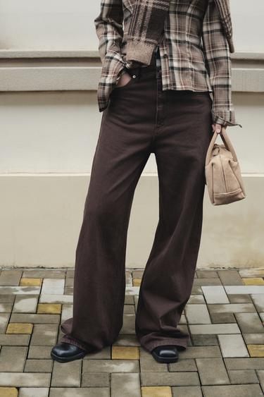 Zara TRF 超寬管高腰牛仔褲 - 棕色