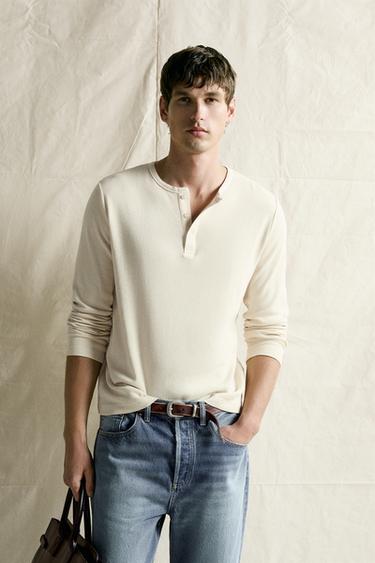 Zara COTTON-LINEN HENLEY T-SHIRT - Light beige