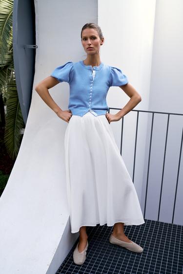 CARDIGAN SHORT PUFF SLEEVE - Light blue by Zara