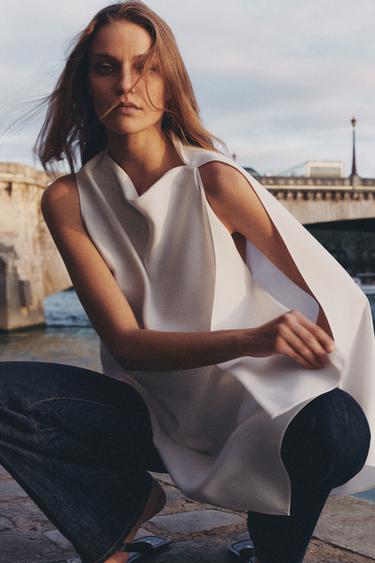 Zara ZW COLLECTION ASYMMETRIC CAPE TOP - Ecru
