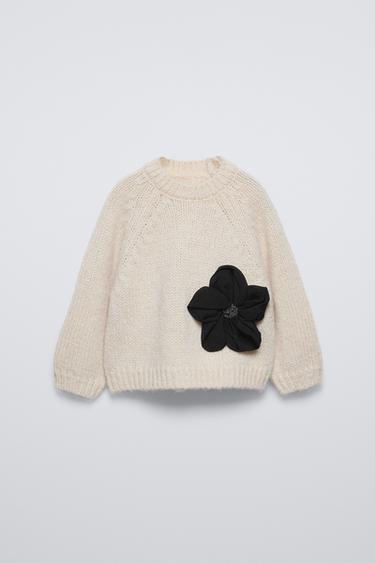 Zara FLOWER KNIT SWEATER - Ecru