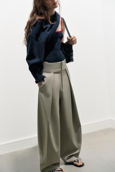 Zara STRIPED PLEATED BALLOON PANTS - Mid-green