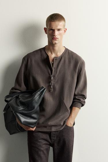 Zara HENLEY NECK SHIRT WITH POCKETS - Chocolate