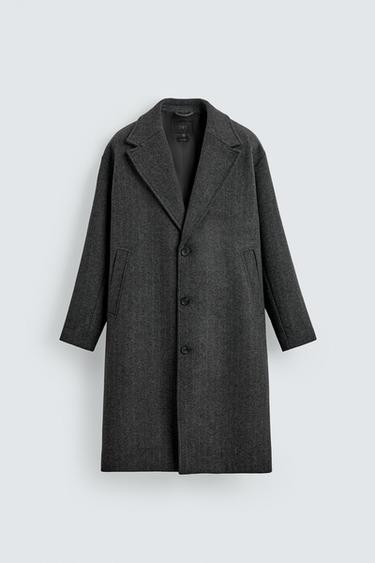 WOOL HERRINGBONE TEXTURED COAT - Anthracite Grey by Zara