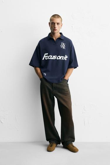Zara TEXT PRINT POLO SHIRT - Navy blue