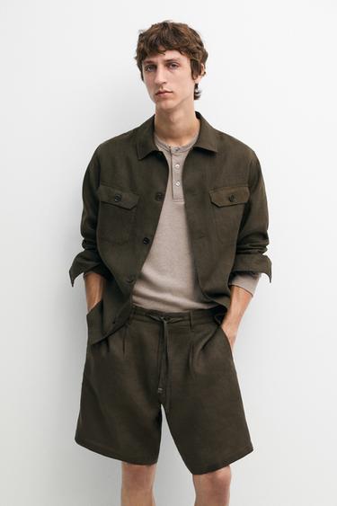 Zara Linen co-ord elastic waist Bermuda shorts - Dark green
