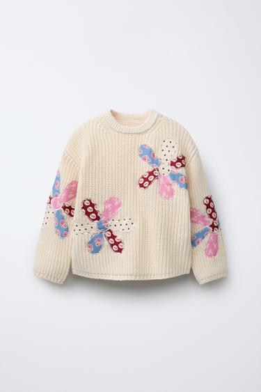Zara PATCHWORK FLORAL KNIT SWEATER - Ecru