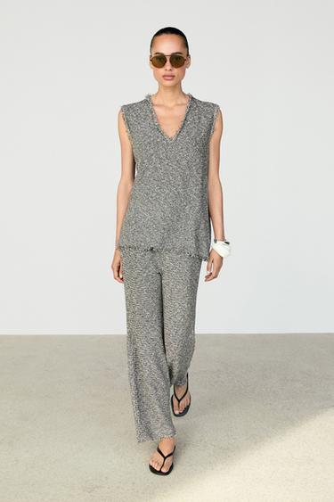 Zara Flecked-effect V-neck top - Gray marl - Image 0