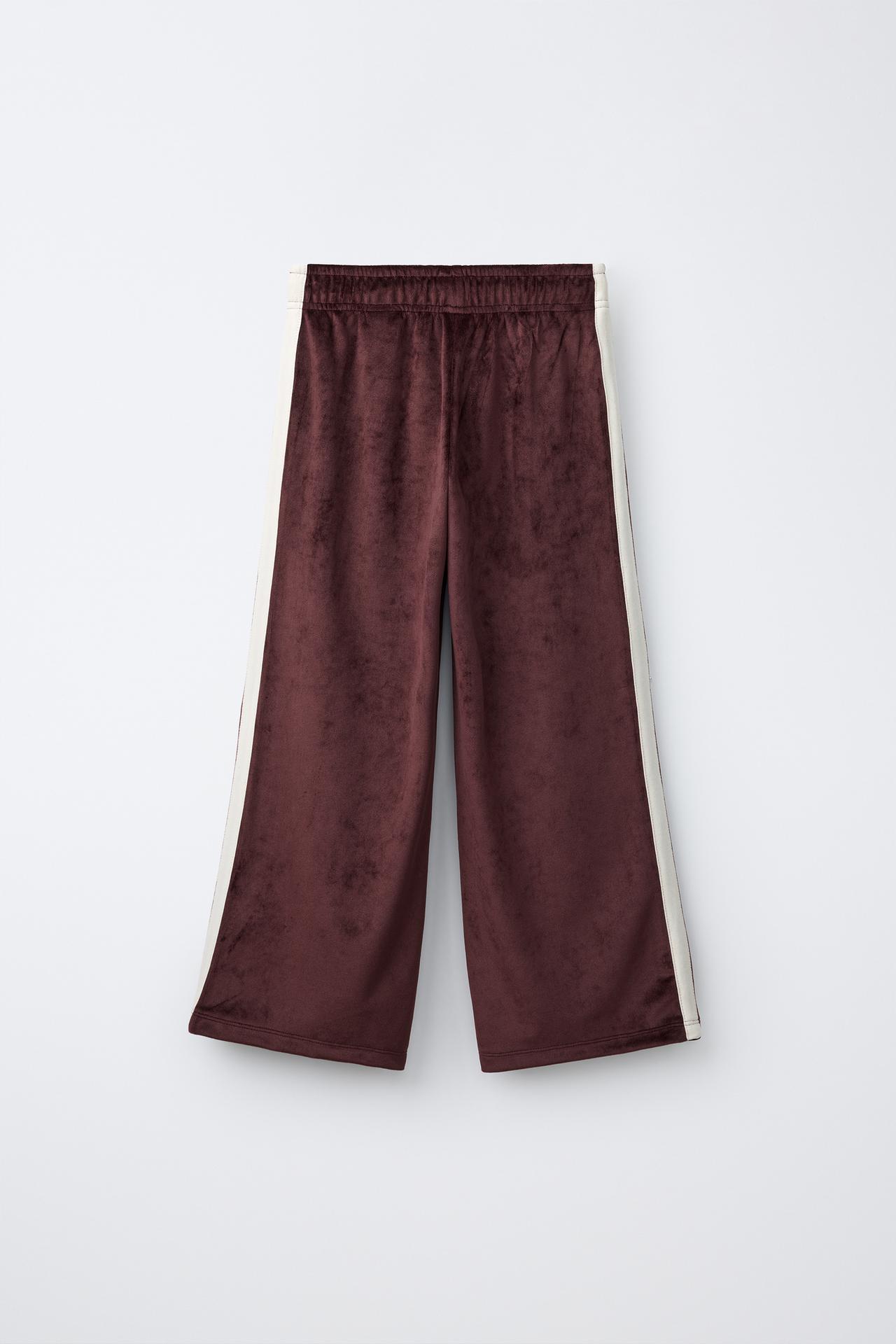 VELVET WIDE-LEG PANTS WITH CONTRAST STRIPES — Brown